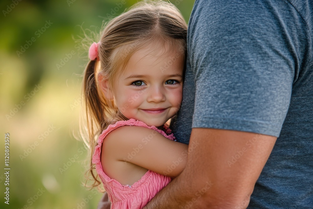 Little girl hiding behind father’s leg in park with shy expression Little girl hiding behind father’s leg in park with shy expression