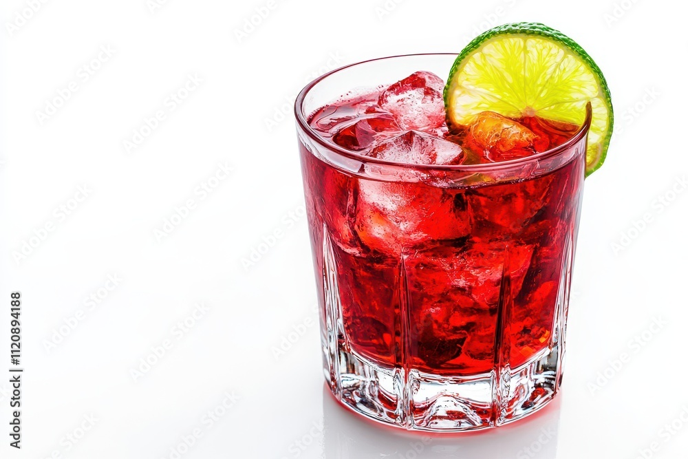 A glass filled with a bright red cocktail with ice cubes and garnished with a slice of lime A glass filled with a bright red cocktail with ice cubes and garnished with a slice of lime