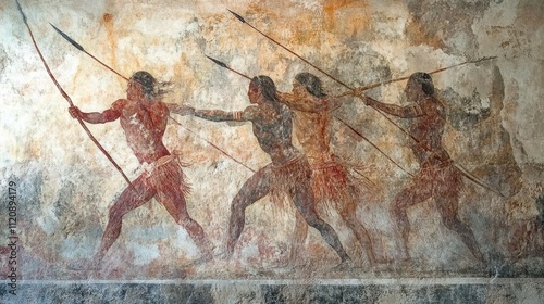 Wall painting of ancient hunters with long spears depicts a dramatic scene of survival and tradition. photo