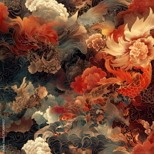 Intricate Asian Floral and Aquatic Design Featuring Birds photo