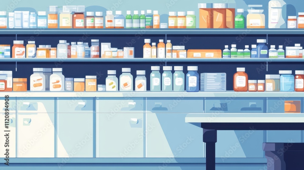 A clean, modern pharmacy with well-organized shelves displays a variety of medications in a welcoming environment.