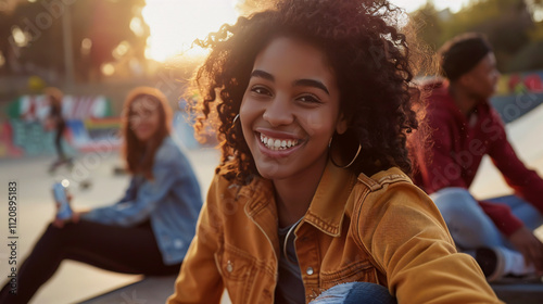 Smiling woman with a soda can sitting on a skate ramp while multicultural friends talk in the background.