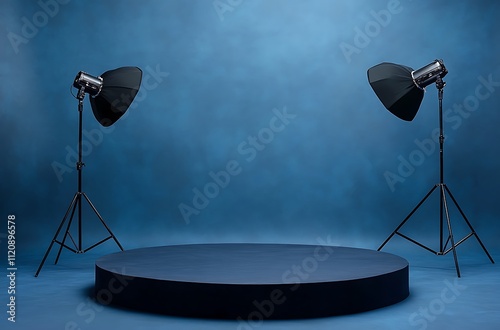 A photo studio setup with a blue background, three lighting stands, and a round dark gray platform