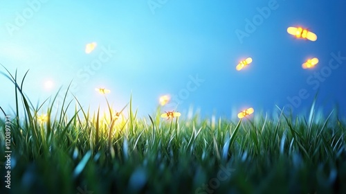 A serene grass landscape illuminated by glowing fireflies at dusk.