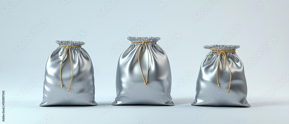 Three silver satin drawstring bags on a white background. Three silver satin drawstring bags on a white background.
