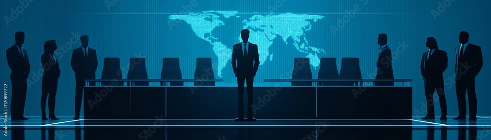 Silhouette of businesspeople in a meeting room with world map background. Silhouette of businesspeople in a meeting room with world map background.