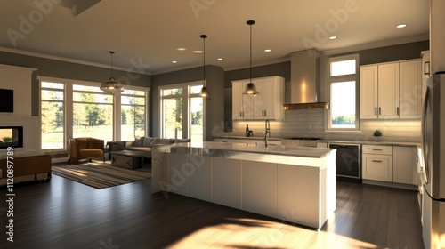 Modern open-plan kitchen and living area with large windows, hardwood floors, and white cabinets.