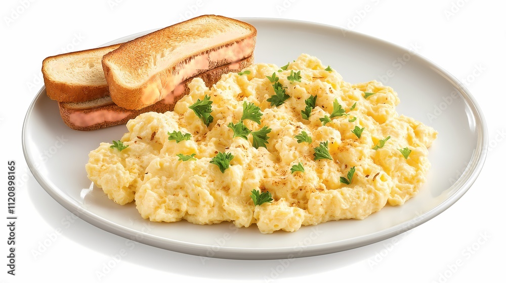 A plate of fluffy scrambled eggs garnished with herbs, served alongside two slices of toasted bread. A plate of fluffy scrambled eggs garnished with herbs, served alongside two slices of toasted bread.