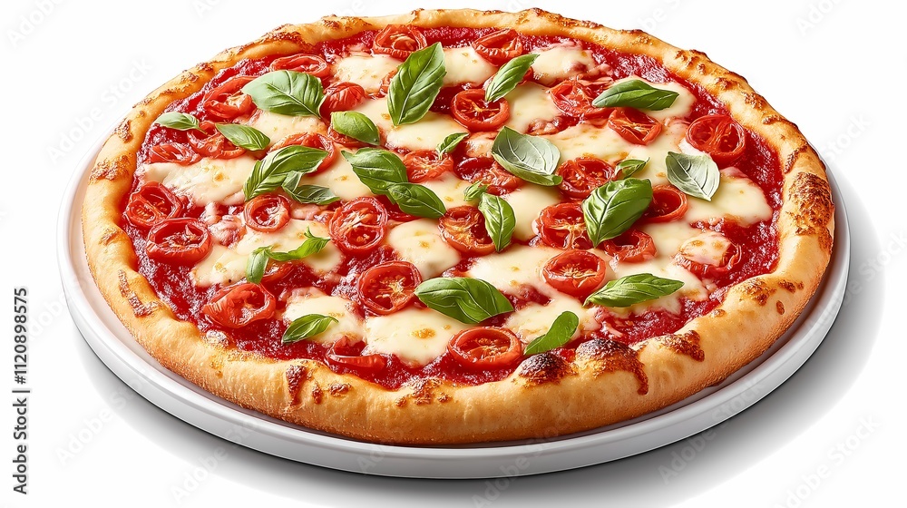 A delicious pizza topped with fresh basil, sliced tomatoes, and mozzarella cheese on a golden crust, perfect for any meal. A delicious pizza topped with fresh basil, sliced tomatoes, and mozzarella cheese on a golden crust, perfect for any meal.