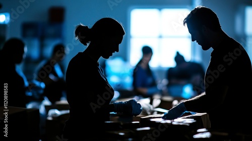 Christmas Charity Event Silhouette with Volunteers Wrapping Gifts, Christmas Charity EventChristmas day, New Year's Eve, Happy New Year 
 photo