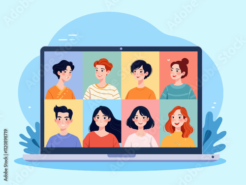  A laptop screen displaying multiple avatars of people in different colors, each representing one person on the video call