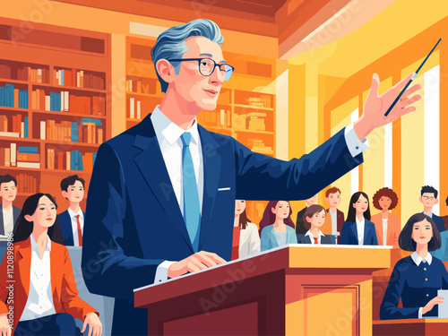  An american male professor giving a lecture to university students in a large lecture hall, emphasizing higher education