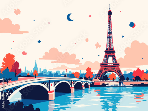 illustration vector a wallpaper background, stylized, modern, Paris themes, geometric, flat colors, depicting Paris items