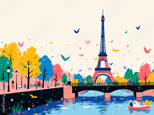 illustration vector a wallpaper background, stylized, modern, Paris themes, geometric, flat colors, depicting Paris items