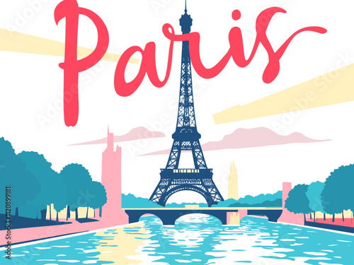 illustration vector a wallpaper background, stylized, modern, Paris themes, geometric, flat colors, depicting Paris items
