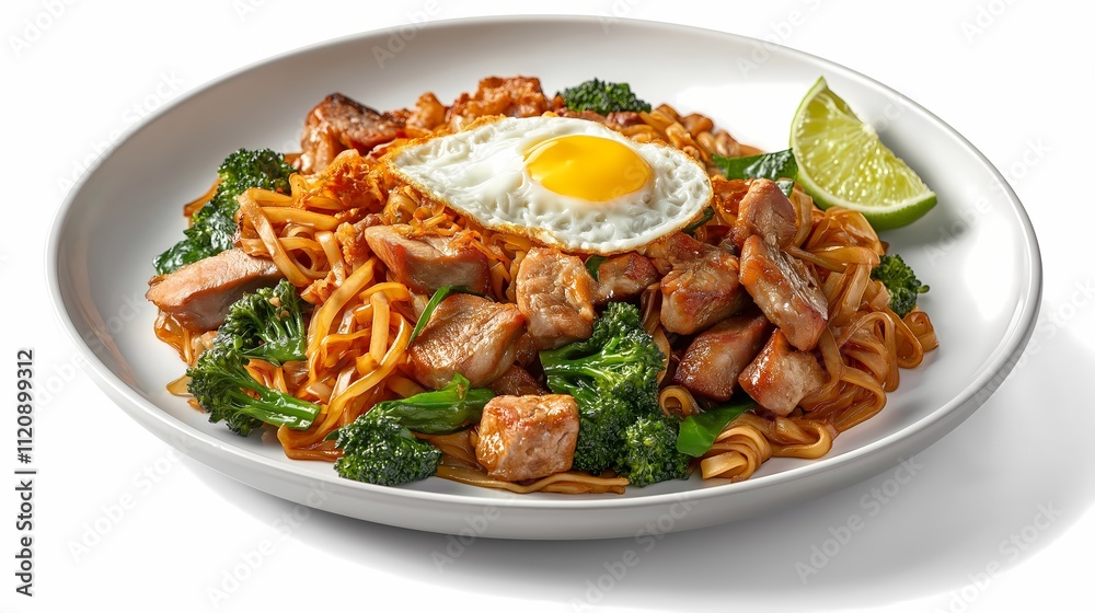 A flavorful dish featuring stir-fried noodles with chicken, broccoli, a fried egg, and a lime wedge, perfect for a hearty meal.