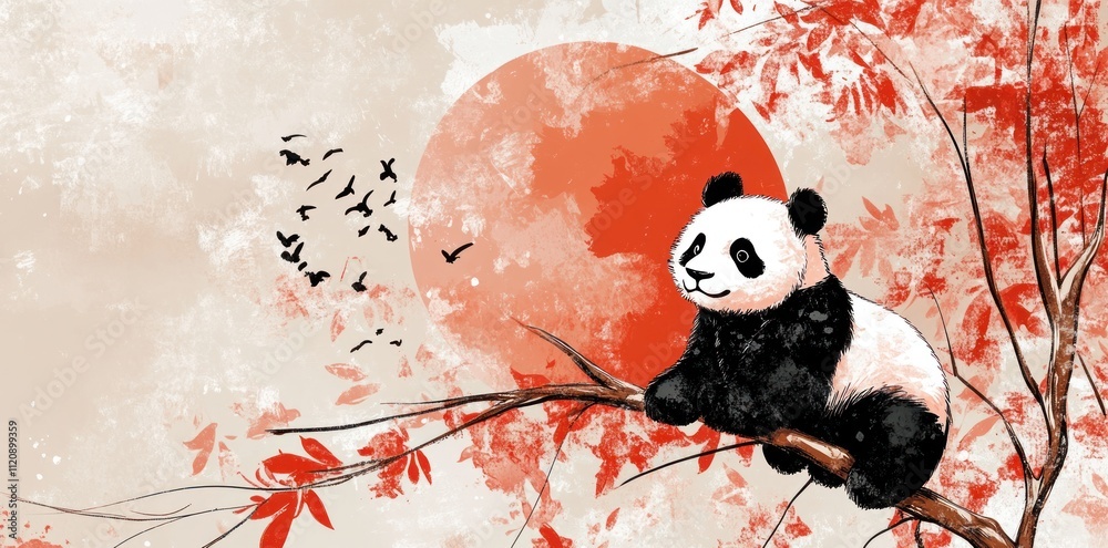 Panda Bear Sitting on Branch Autumn Sunset Birds Panda Bear Sitting on Branch Autumn Sunset Birds