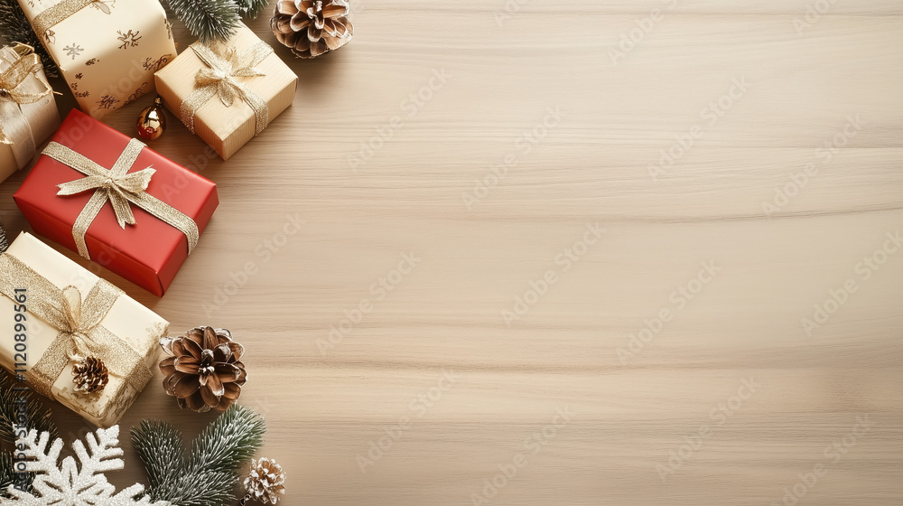Festive Christmas Scene with Colorful Wrapped Gifts and Decorations on Wooden Table, Flat Lay Top View. Perfect Holiday Background with Copy Space for Text, Ideal for Product Placement in Stock Photog Festive Christmas Scene with Colorful Wrapped Gifts and Decorations on Wooden Table, Flat Lay Top View. Perfect Holiday Background with Copy Space for Text, Ideal for Product Placement in Stock Photog