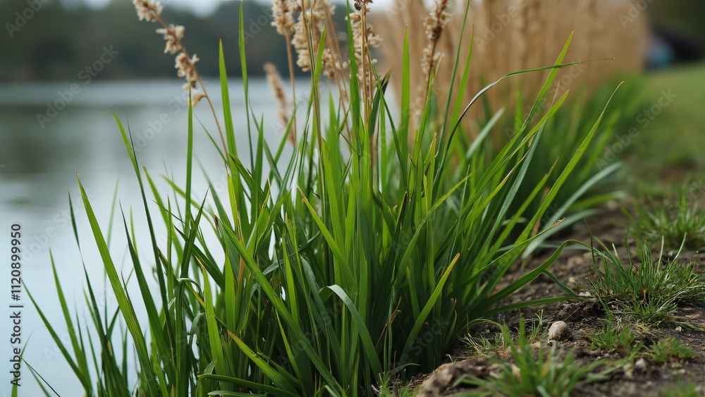 Obraz premium Springtime Lakeside Tall Grass, Lush Green Blades & Brown Accents