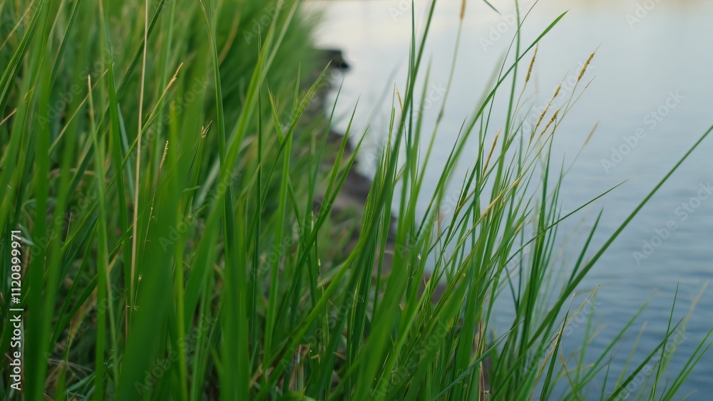 Obraz premium Serene Lakeside Tall Green Grasses Swaying Gently in Breeze, Detailed Texture, Calm Water Background