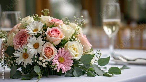 Elegant Wedding Centerpiece, Pink & White Roses, Gerbera Daisies, and Lush Greenery Table Decor