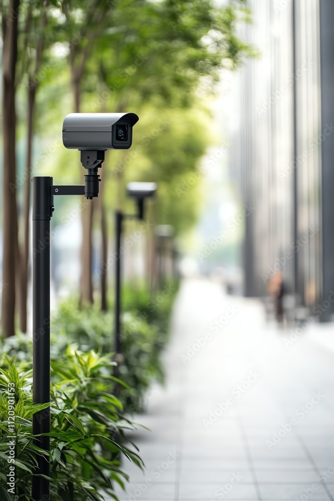 Surveillance cameras line a city sidewalk amidst modern buildings and lush greenery. Surveillance cameras line a city sidewalk amidst modern buildings and lush greenery.