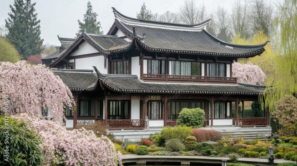 Blooming cherry trees frame a peaceful Chinese home with ornate roofs and lush gardens. Blooming cherry trees frame a peaceful Chinese home with ornate roofs and lush gardens.