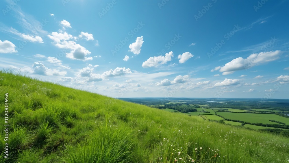 Stunning Summer Hillside Landscape, Lush Green Grass, Blue Sky, White Clouds, Wide Angle View Stunning Summer Hillside Landscape, Lush Green Grass, Blue Sky, White Clouds, Wide Angle View