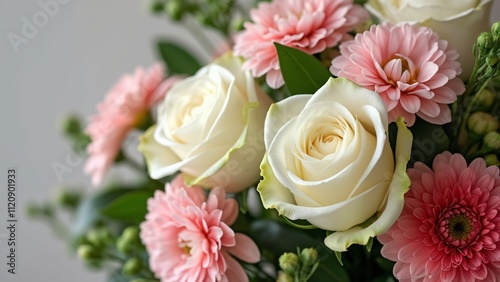 Stunning Mother's Day Bouquet, Close-up of Elegant White Roses, Pink Carnations, and Lush Green Leaves. A Beautiful Floral Arrangement for Mom.