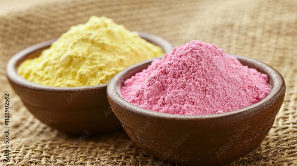 Close-up of two bowls of colorful powder, pink and yellow, arranged artistically on a textured background, perfect for festive themes. Close-up of two bowls of colorful powder, pink and yellow, arranged artistically on a textured background, perfect for festive themes.