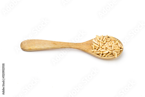 Top view of Oat groats on white plate isolated on white background. oat groats are a nutritious and versatile whole grain that can be used in a variety of dishes and many health benefits.