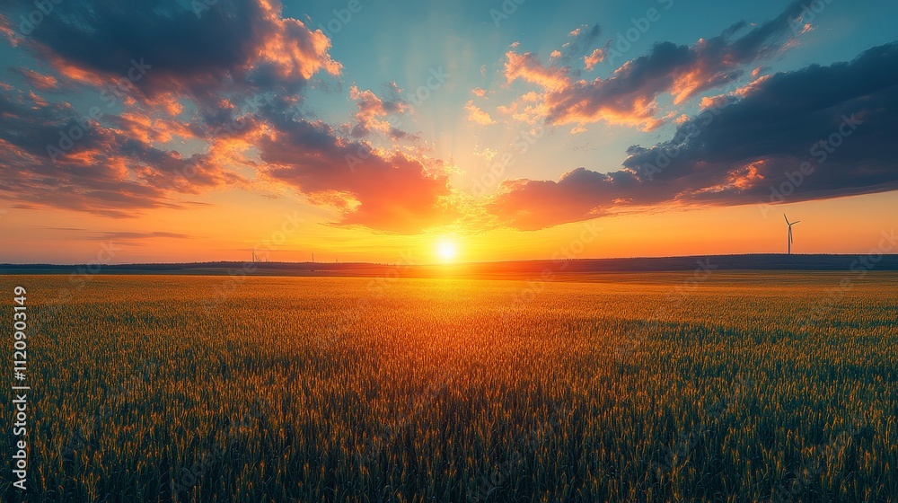 Fototapeta premium Breathtaking Sunset Over Golden Wheat Field with Dramatic Sky and Silhouette of Wind Turbines on the Horizon Creating an Ideal Landscape Scene