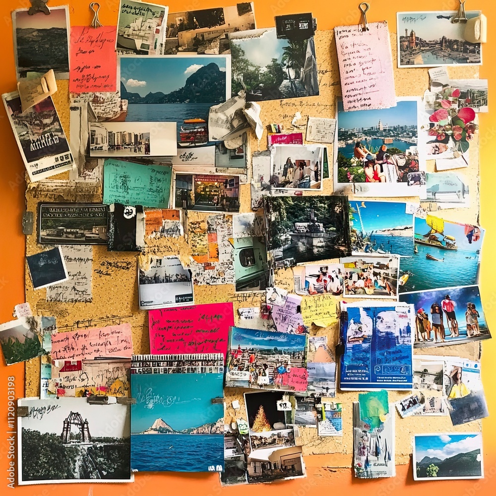 Obraz premium Corkboard Collage of Yearly Highlights with Polaroids and Notes, Year-in-Review Collage, New Year's day, New Year's Eve 