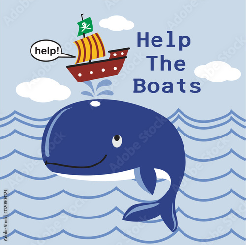 boat on whale spray design cartoon vector illustration