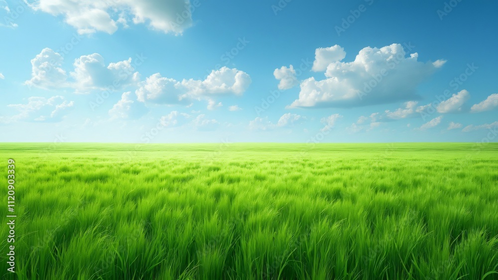 Serene Panoramic View, Endless Green Grass Meadow under a Blue Sky with Fluffy White Clouds Serene Panoramic View, Endless Green Grass Meadow under a Blue Sky with Fluffy White Clouds