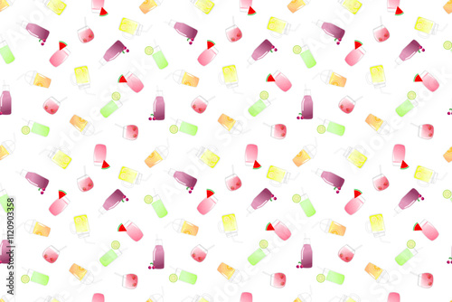 Abstract multicolor juice of various fruits in different cups or glasses, hand drawn doodle seamless pattern on white background.