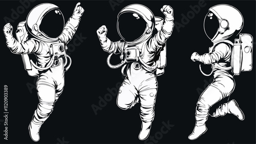 Three astronauts jumping with raised arms, celebrating a successful mission in the vast expanse of space