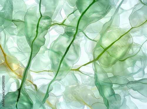 Hyper-realistic texture of plant cells, showcasing veins and interconnected walls with natural light green and yellow highlights