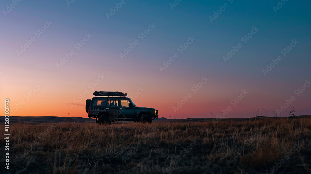 Fototapeta premium Sports utility vehicle parked in a field against a clear sky during dusk.