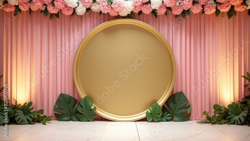 Elegant Pink & Yellow Wedding Stage Backdrop, Floral Wall, Golden Circle, Ample Text Space