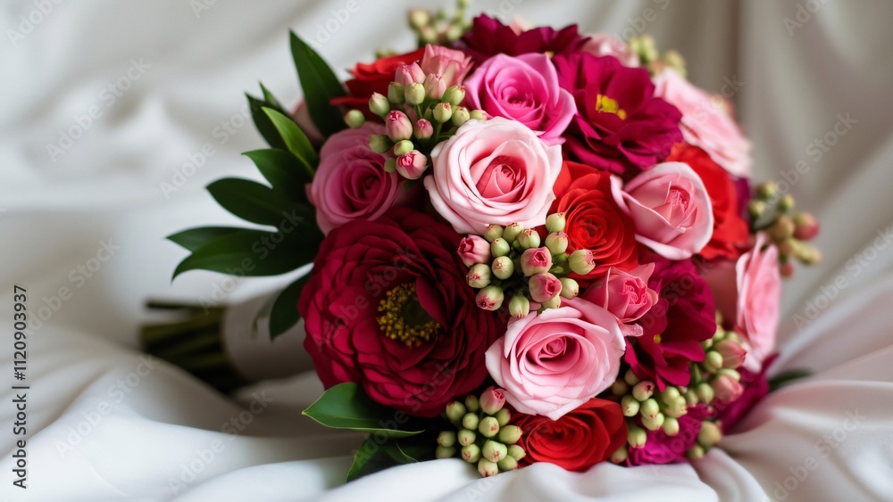 Elegant Pink & Red Wedding Bouquet, Roses, Hydrangeas, and Stock Flowers on White Fabric Elegant Pink & Red Wedding Bouquet, Roses, Hydrangeas, and Stock Flowers on White Fabric
