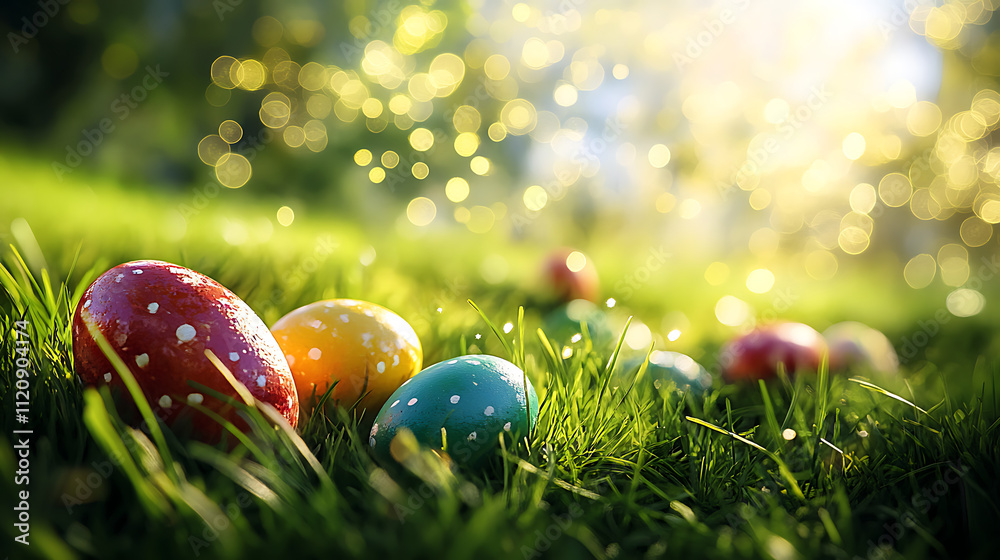 Lush Green Field Covered with Glossy Easter Eggs, Romantic Morning Sunlight and Bokeh Effect Lush Green Field Covered with Glossy Easter Eggs, Romantic Morning Sunlight and Bokeh Effect