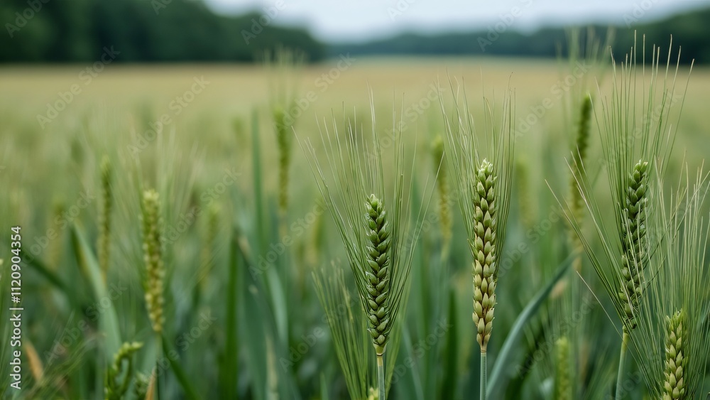 Expansive Field of Wheat and Grasses Under an Overcast Sky, Detailed Close-Up of Grain Heads in a Lush Green Landscape Expansive Field of Wheat and Grasses Under an Overcast Sky, Detailed Close-Up of Grain Heads in a Lush Green Landscape