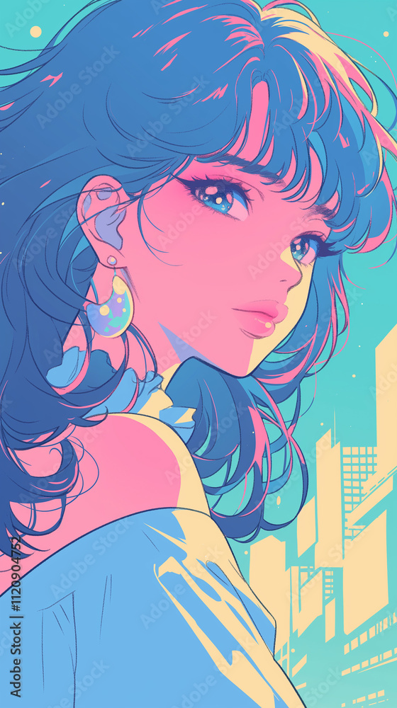 1970年代1980年代のレトロポップをフューチャーした女性のアニメイラスト,スマートフォン9:16のアスペクト比