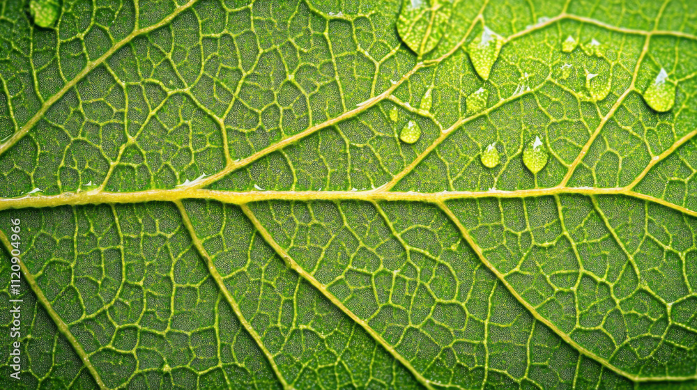 Fototapeta premium close up of vibrant green leaf with raindrops glistening
