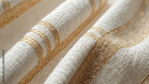 Luxury Beige Linen Fabric Texture, Gold & Silver Metallic Threads, Detailed Woven Stripes photo