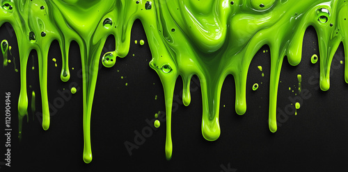 Green slime dripping down on a black background, in the style of a vibrant green color