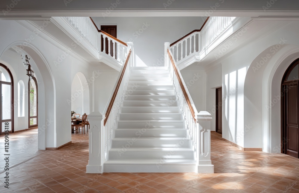 Obraz premium Grand white staircase in a bright, elegant hallway with terracotta tile floor.