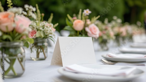 Elegant Wedding Table Setting, Blank Place Card with Peach Roses and Greenery
