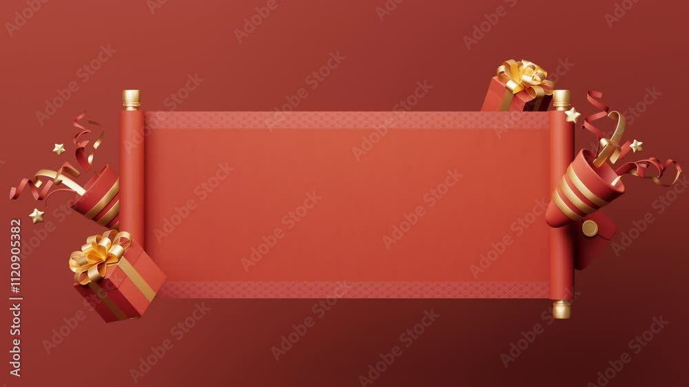 Chinese ancient red reel banner and festive elements, 3d rendering.